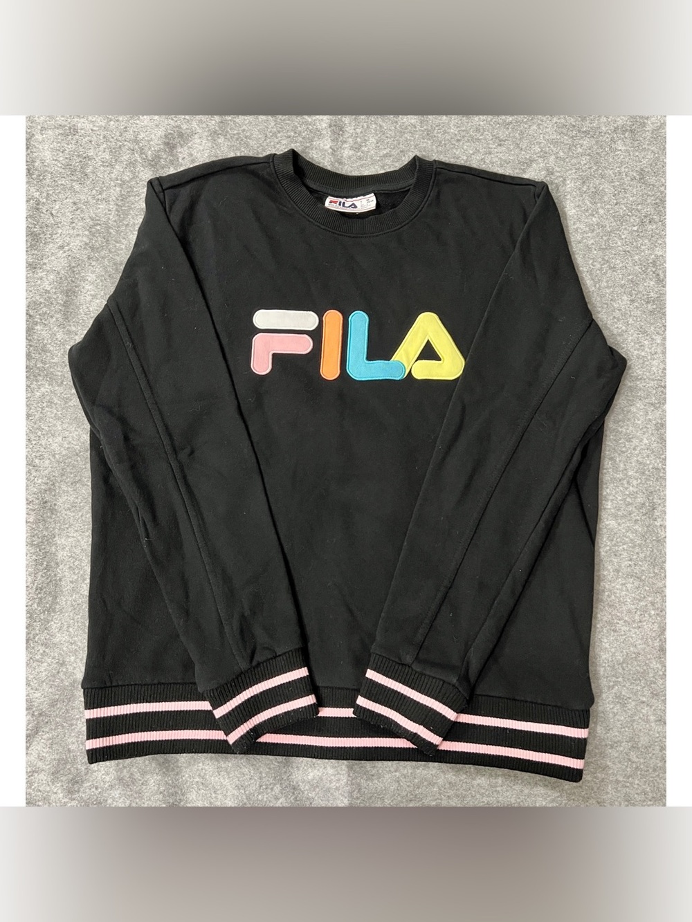 Fila black crewneck sweater with pink stripe trim US women's large